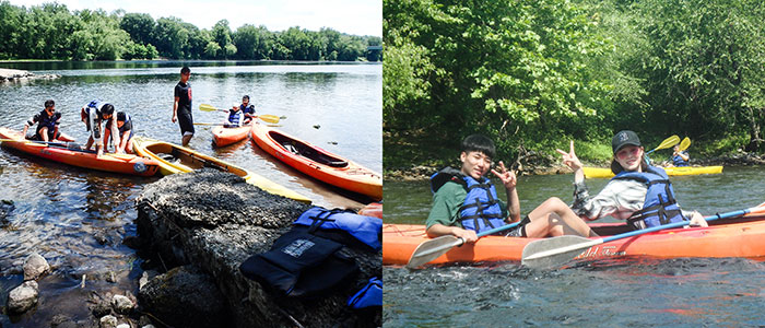 Chinese students on a kayak trip on the Delaware River.