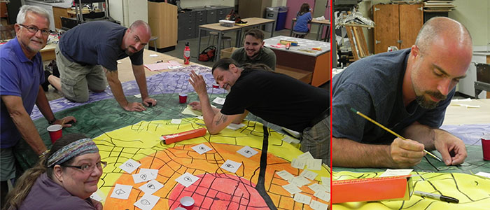 Right: A group of people gathered around an art project. Left: A man painting.