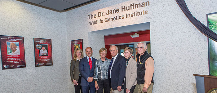 The family of the late Dr. Jane Huffman celebrate the dedication of the Dr. Jane Huffman Wildlife Genetics Institute.
